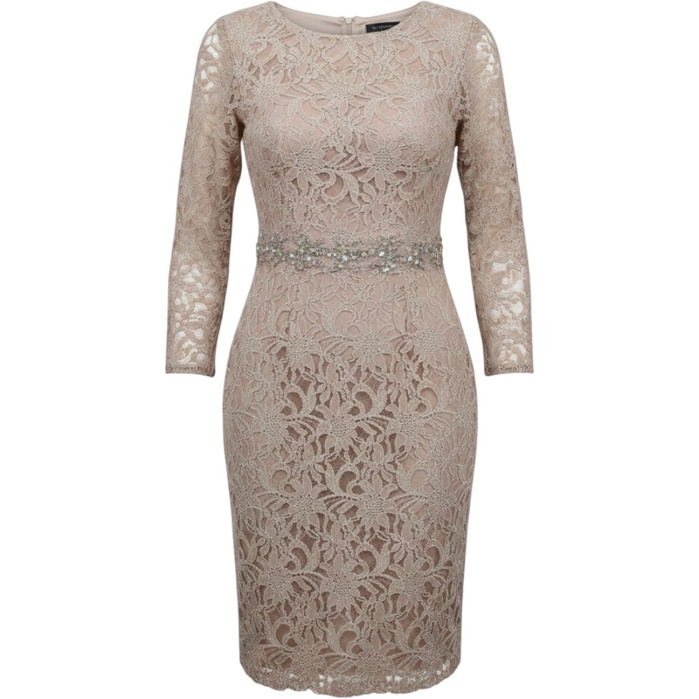 Jackie Jon Sheath Dress Womens 8 Tan Good Lace Rhinestone Metallic Long Sleeve